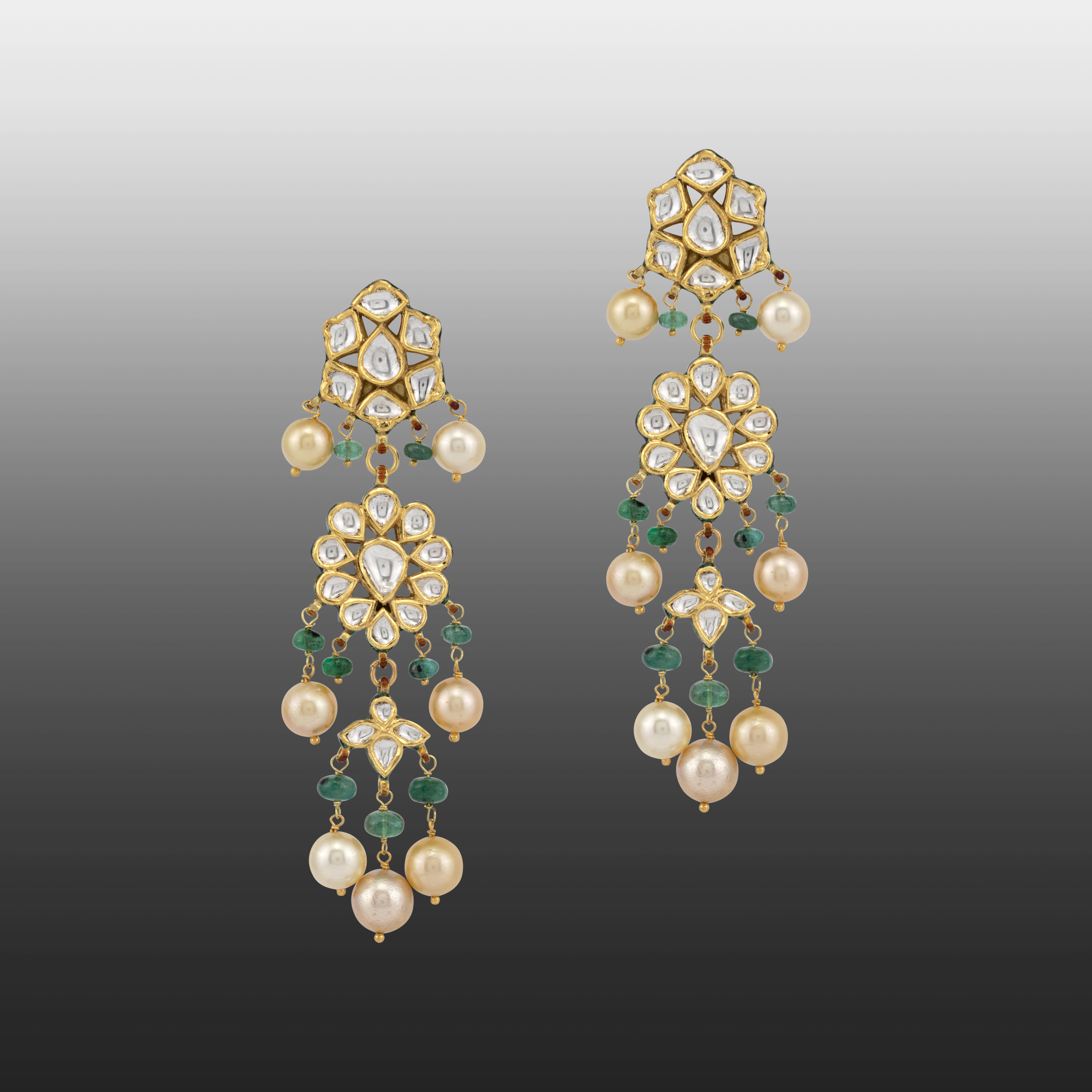 Polki Drop Earrings with Pearls and Emerald Beads